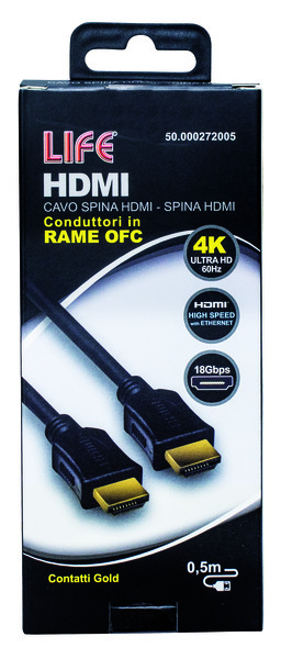 CAVO SP.HDMI - SP.HDMI L. 0.5m, DORATO, D.6mm, RAME OFC, 4K@50/60Hz HIGH SPEED + ETHERNET, 3D, NERO, Box