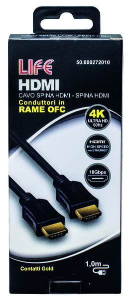CAVO SP.HDMI - SP.HDMI L. 1.0m, DORATO, D.6mm, RAME OFC, 4K@50/60Hz HIGH SPEED + ETHERNET, 3D, NERO, Box