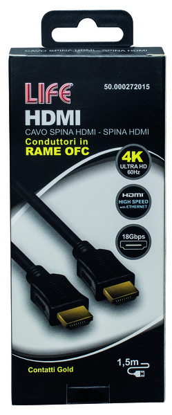 CAVO SP.HDMI - SP.HDMI L. 1.5m, DORATO, D.6mm, RAME OFC, 4K@50/60Hz HIGH SPEED + ETHERNET, 3D, NERO, Box