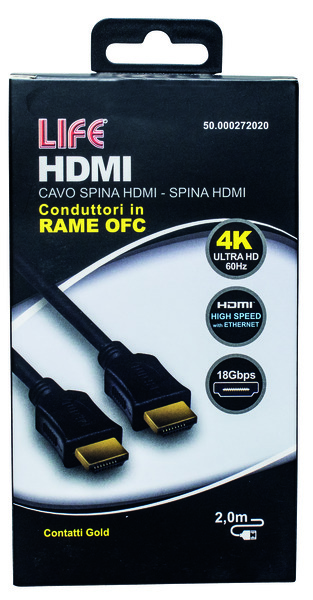 CAVO SP.HDMI - SP.HDMI L. 2.0m, DORATO, D.6mm, RAME OFC, 4K@50/60Hz HIGH SPEED + ETHERNET, 3D, NERO, Box
