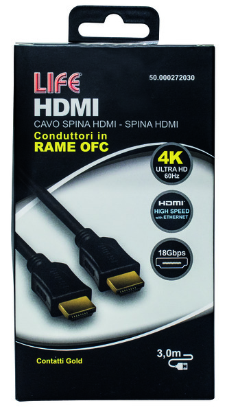CAVO SP.HDMI - SP.HDMI L. 3.0m, DORATO, D.6mm, RAME OFC, 4K@50/60Hz HIGH SPEED + ETHERNET, 3D, NERO, Box