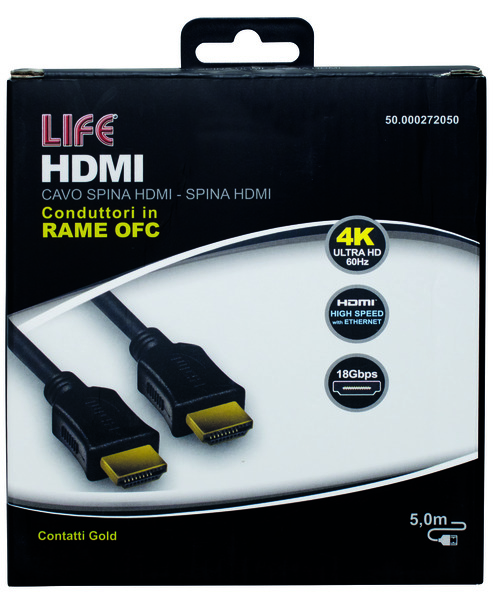 CAVO SP.HDMI - SP.HDMI L. 5.0m, DORATO, D.6mm, RAME OFC, 4K@50/60Hz HIGH SPEED + ETHERNET, 3D, NERO, Box