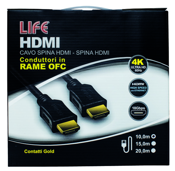 CAVO SP.HDMI - SP.HDMI L. 10.0m, DORATO, D.6mm, RAME OFC, 4K@50/60Hz HIGH SPEED + ETHERNET, 3D, NERO, Box