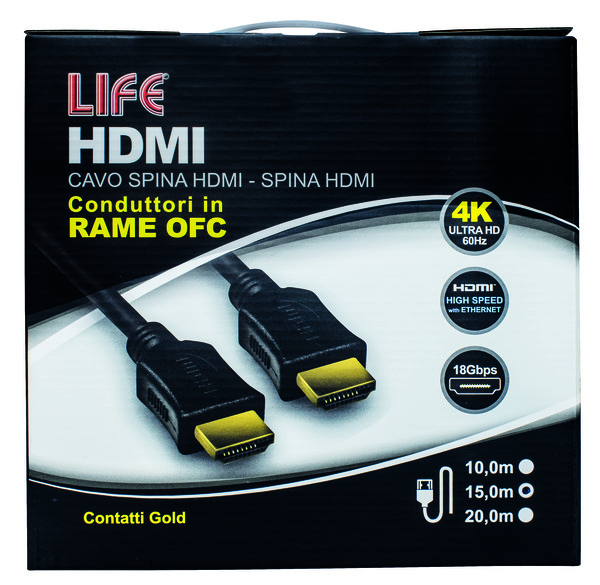 CAVO SP.HDMI - SP.HDMI L. 15.0m, DORATO, D.6mm, RAME OFC, 4K@50/60Hz HIGH SPEED + ETHERNET, 3D, NERO, Box