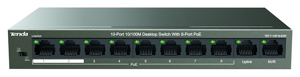 SWITCH PoE 10 Porte TEF1110P-8-63W 10/100Mbps (8 Porte POE 63W max+1 Porta Uplink+1 Porta NVR) TENDA%%%_substitutiveMessage_%%%82.32S08P4