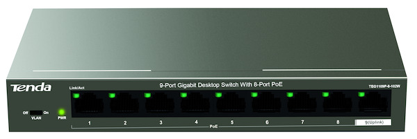 SWITCH PoE 9 Porte TEG1109P-8-102W  10/100/1000Mbps (8 Porte POE 48V 92W max + 1 Porta Uplink) TENDA