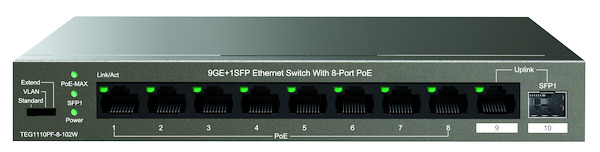 SWITCH PoE 10 Porte TEG1110PF-8-102W  10/100/1000Mbps (8 Porte POE 48V 92W max + 1 Porta Uplink + 1 Porta SFP) TENDA