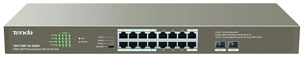 SWITCH PoE 18 Porte TEG1118P-16-250W 100/1000Mbps (16 Porte POE 48V 230W max + 2 Porte SFP) TENDA