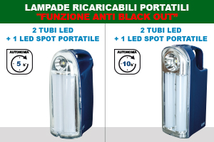 LAMPADA RICARICABILE 2 TUBI LED + 1 LED SPOT PORTATILE CON FUNZIONE ANTI BLACK OUT