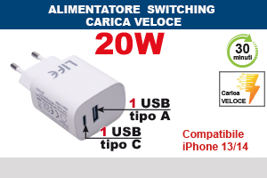 ALIMEN. SWITCH. 2 Porte USB, TIPO C e TIPO A