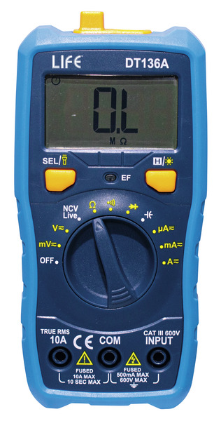 Multimetro Tester Digitale T-RMS con funzione Capacimetro, Max 10A / 600V, con Buzzer, selezione range semplificato.