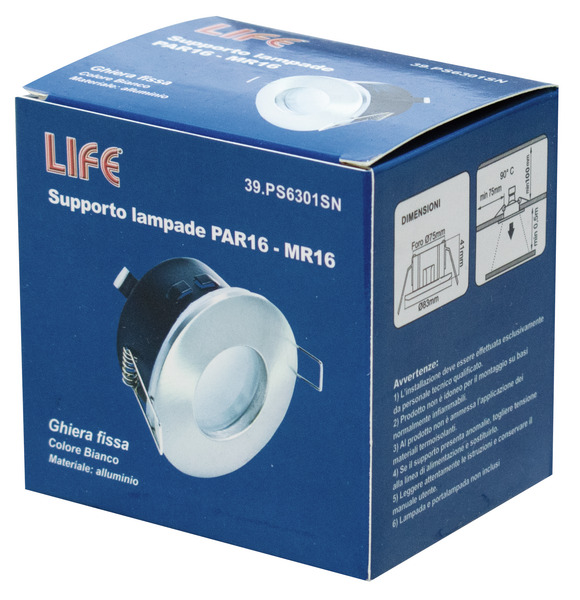 Supporto rotondo IP65 per lampade led MR16 e PAR16, acciaio satinato,  D.83mm, F.75mm (portalampada non incluso)